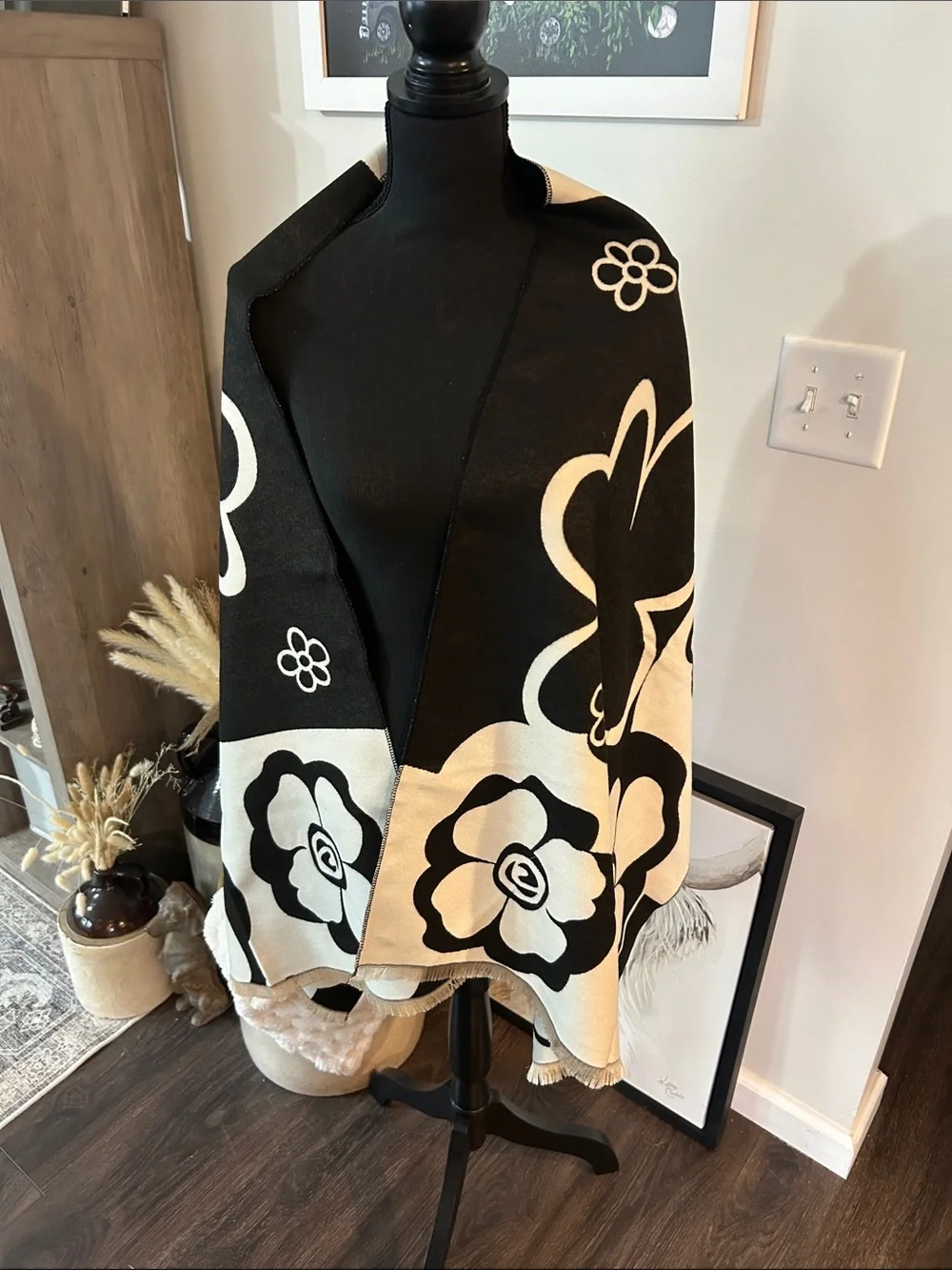 Black & Cream Floral Knit Scarf - Women Accessories